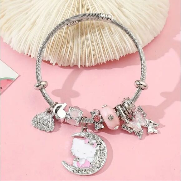 Hello Kitty Charm Pendant Silver & Pink Tone Bangle Bracelet - Picture 2 of 6